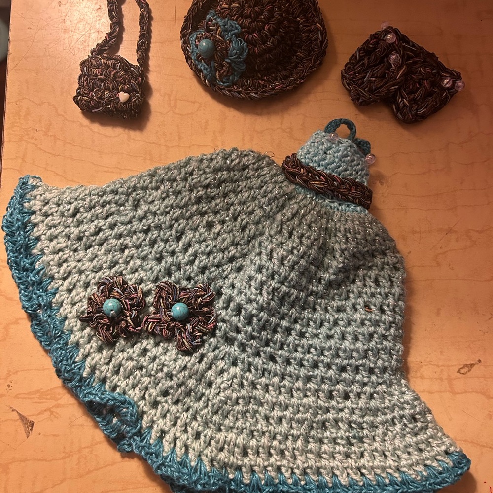 Handcrafted Crochet Doll Dress Set - Blue and Brown